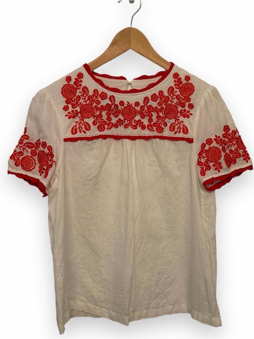 Boden Cornelia Embroidered Linen Blouse Top Red White US 8 UK 12